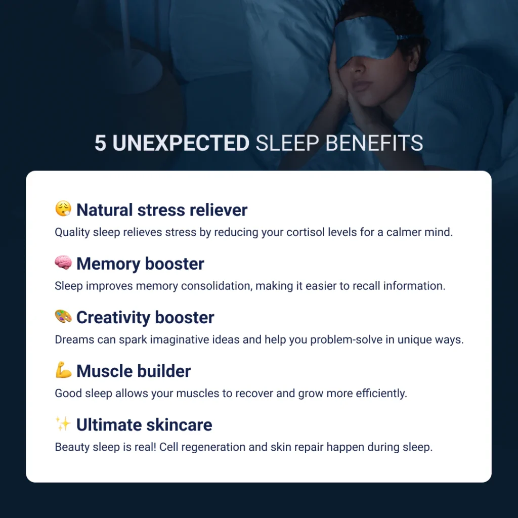 Infographic of unexpected sleep benefits by Texas Mattress Makers