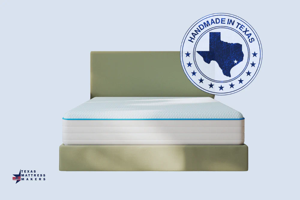 Texas Mattress Makers mattress with badge that says “Handmade in Texas”