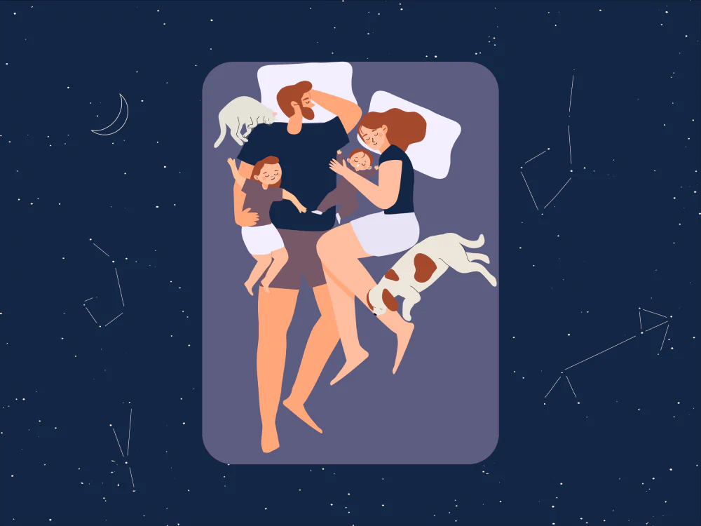 Illustration of a couple sleeping on a mattress with kids and pets