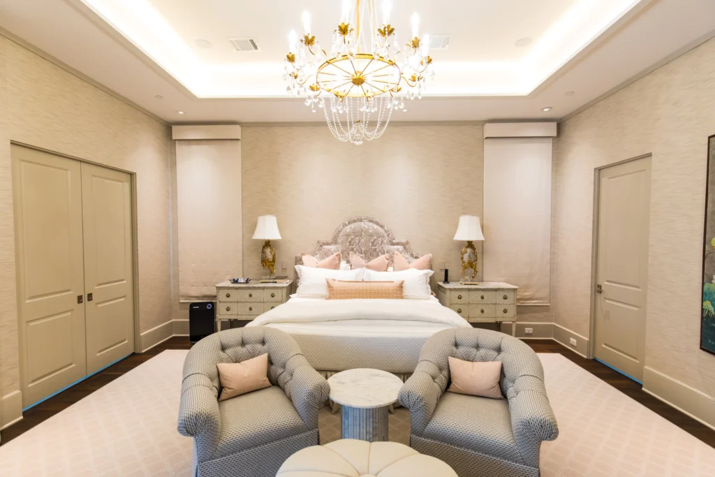 Upholstered bed frame in fancy bedroom